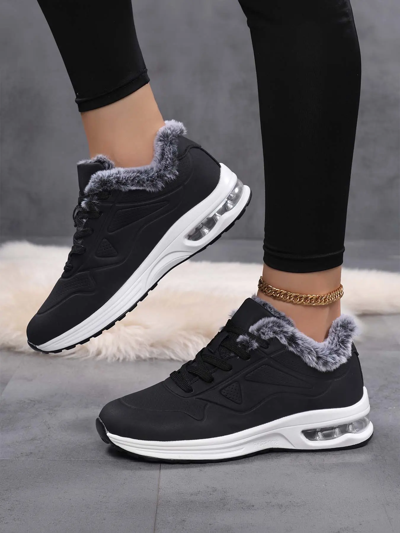 Women's Fleece Lined Air Cushion Platform Sneakers, Waterproof Leather Height Increasing Winter Warm Cotton Shoes, Non-Slip Lace-Up Fluffy Collar Casual Trainers