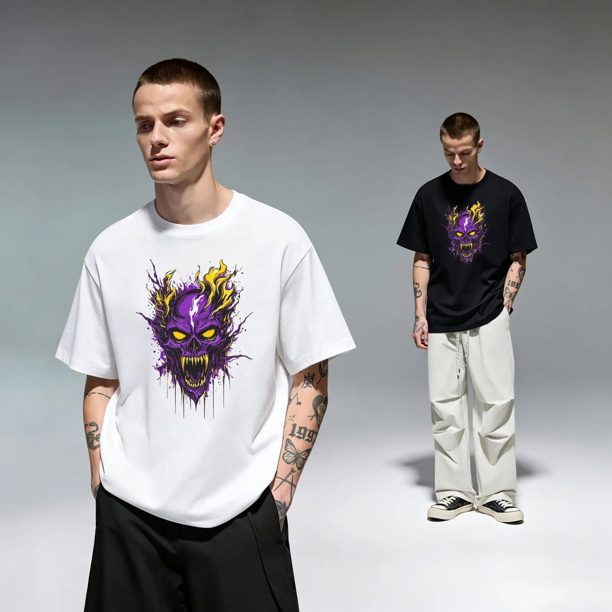 Evil Demon Skull Purple Hellfire Dark Horror Art Original Oversized Cotton Graphic Tee T-Shirt for Men Novelty Gift Cutting Ideas Teen Boys Edgy Alternative Heavy Metal Grunge Aesthetic Halloween Spooky Vibe Casual Everyday Wear Urban Streetwear