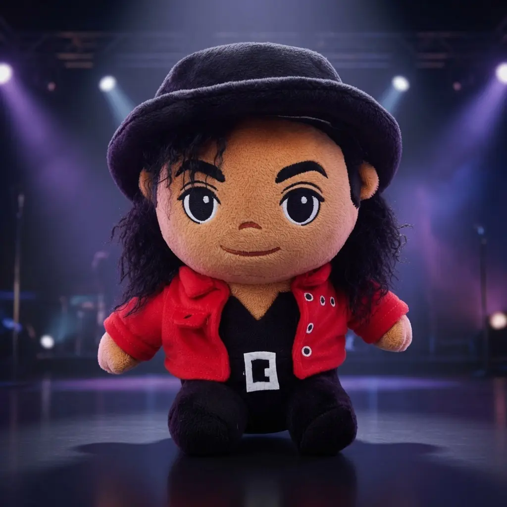 Michael Jackson Inspired Soft Plush Doll, Classic Pop Star Stuffed Toy with Iconic Red Jacket & Black Hat, Cute Collectible Plushie, Room Display Decor, Perfect Birthday & Holiday Gift for MJ Music Fans