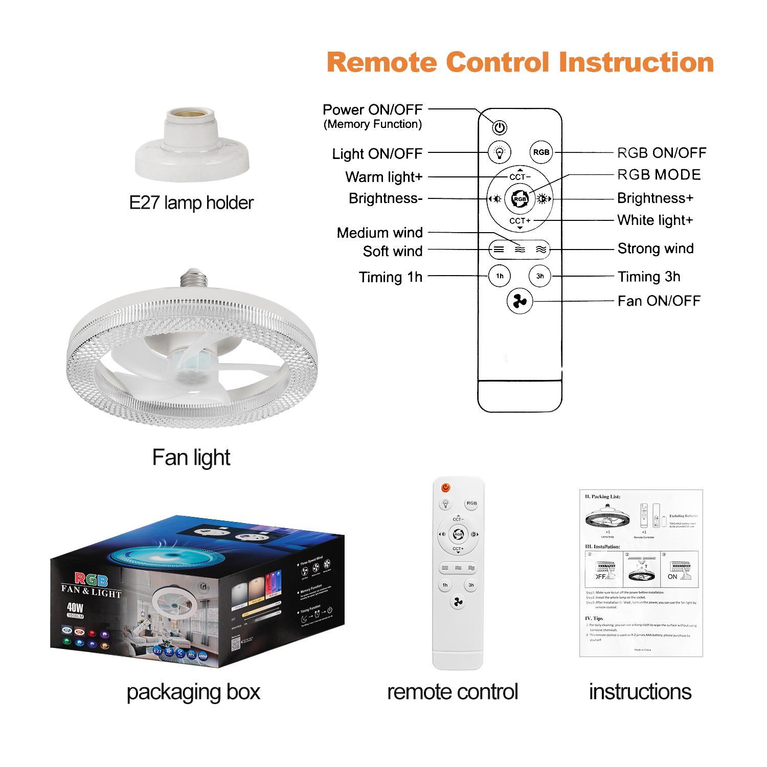 E27 Socket Fan Light with Remote Control, RGB Light Socket Fan Light, Unlimited Dimming, Lighting Modes Adjustable, Three-speed Wind Speed, Timeable Ceiling Fan Light for Small Rooms, Dimmable Ceiling Lights