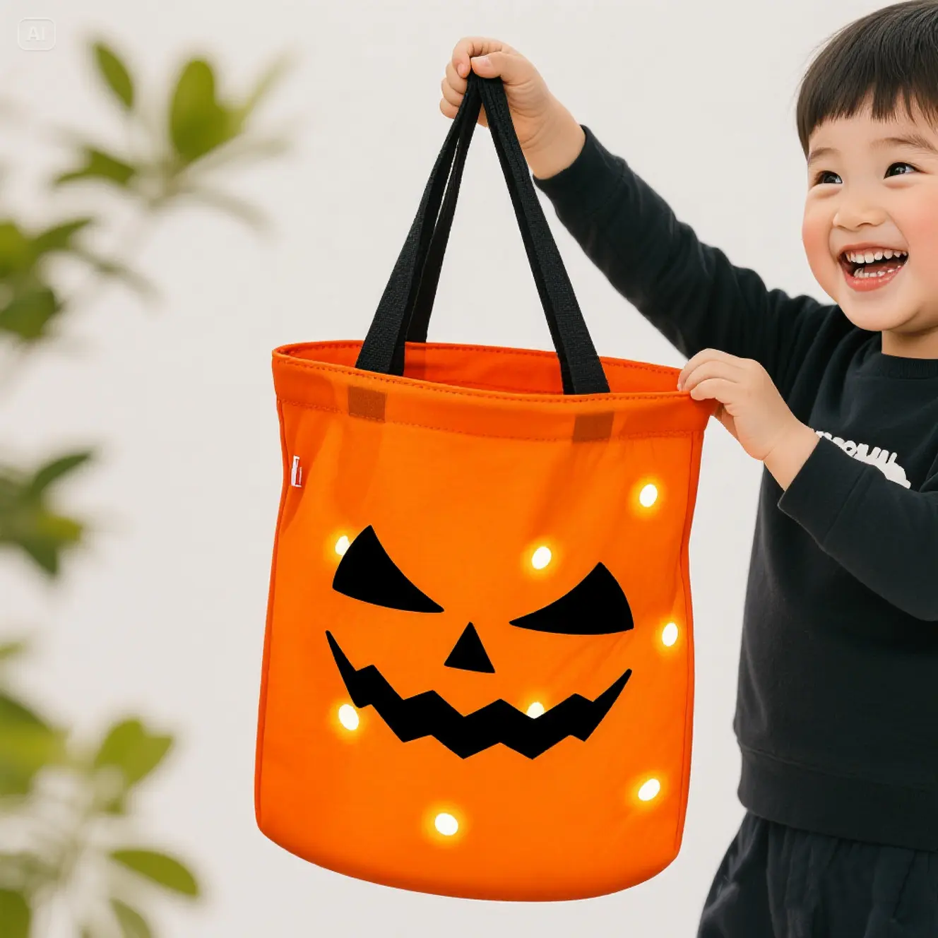 Light-Up Candy Bucket with Glowing Eyes & Pumpkin Face, Kids' Halloween Party Tote Bag, Available in 1, 3, or 4-Pack Sets, Grinning Evil Face Led Pumpkin Bag - Default, Led Glow