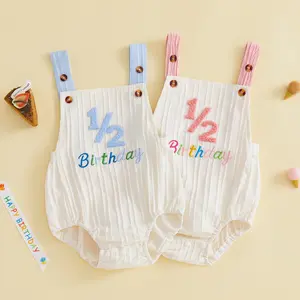 Half Birthday 3-12M Suspender Romper Adjustable Button Straps Chenille Letter Embroidery Ribbed Fabric Snap Crotch Bubble Hem Polyester Spandex Cake Smash Unisex Baby Clothes