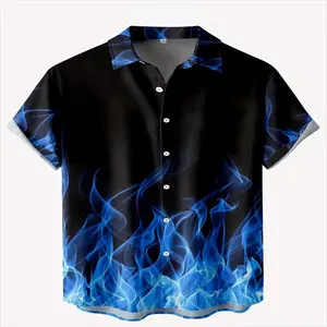 Men'S Blue Flame Gradient Short Sleeve Shirt, Trendy Cool Style Blouse, All-Over Print 3D Blue Flame Design Loose Top, Suitable for Street, Party, And Casual Wear