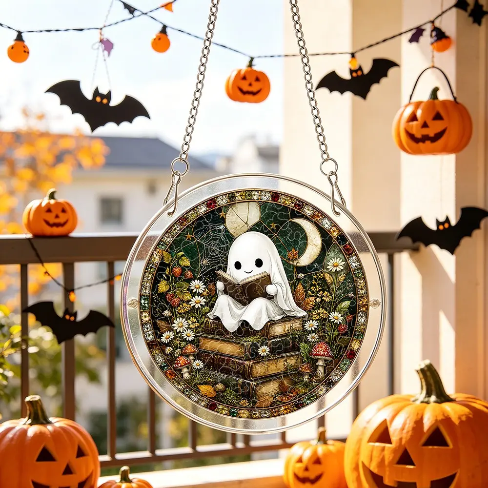 83-Piece Acrylic Resin 2D Flat Sun Catcher Puzzle, Stainless Steel Double Chains Hanging Window Artwork, DIY Stained Glass-Style Gothic Halloween Home Decor Gift (Ghost Reading Book, Moon Night Garden Theme)
