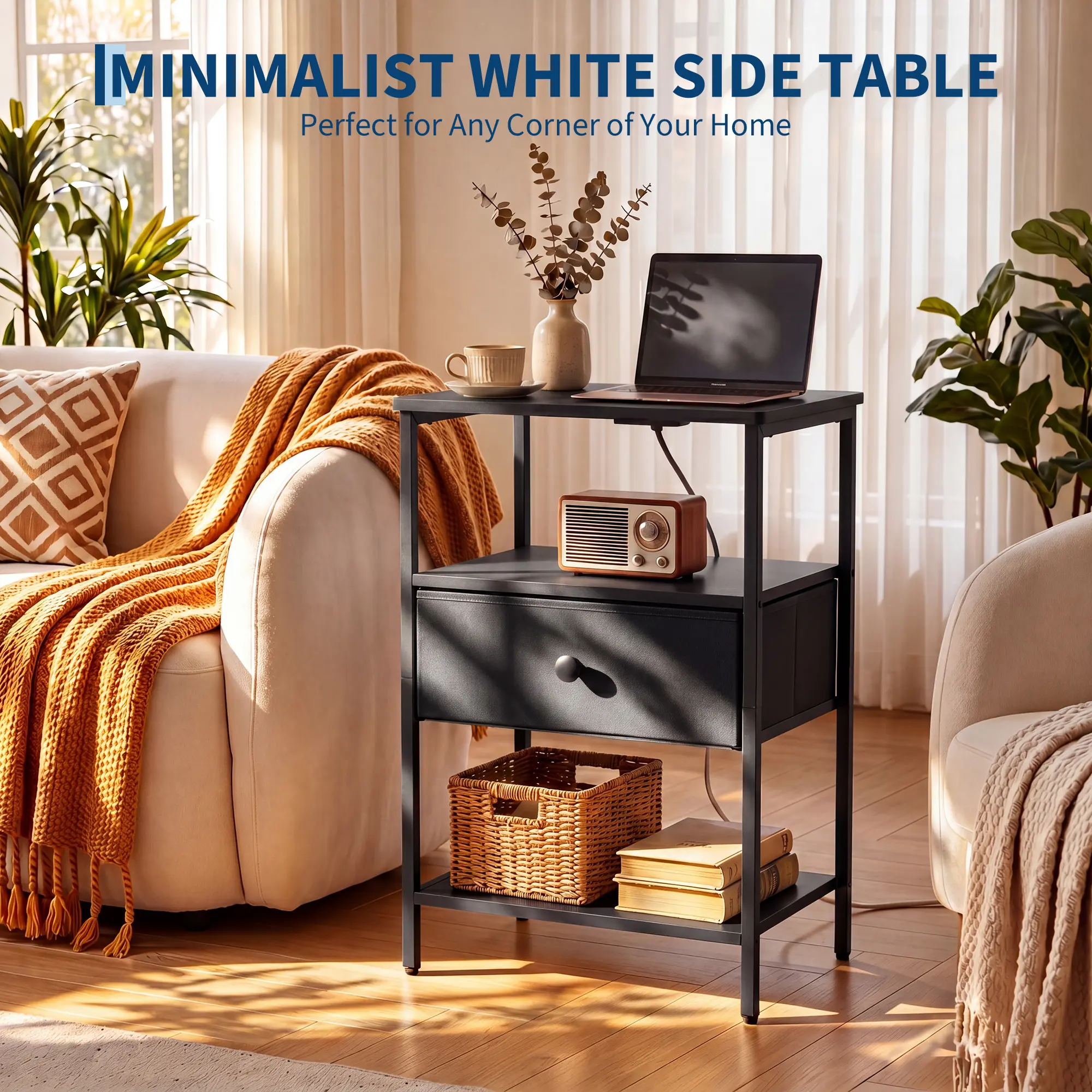Bedside table with Charging Station – 3-Tier Storage, Fabric Drawer, Sturdy Metal Frame, Narrow Bedside Table for Bedroom, Living Room, Small Spaces – Compact Modern Design