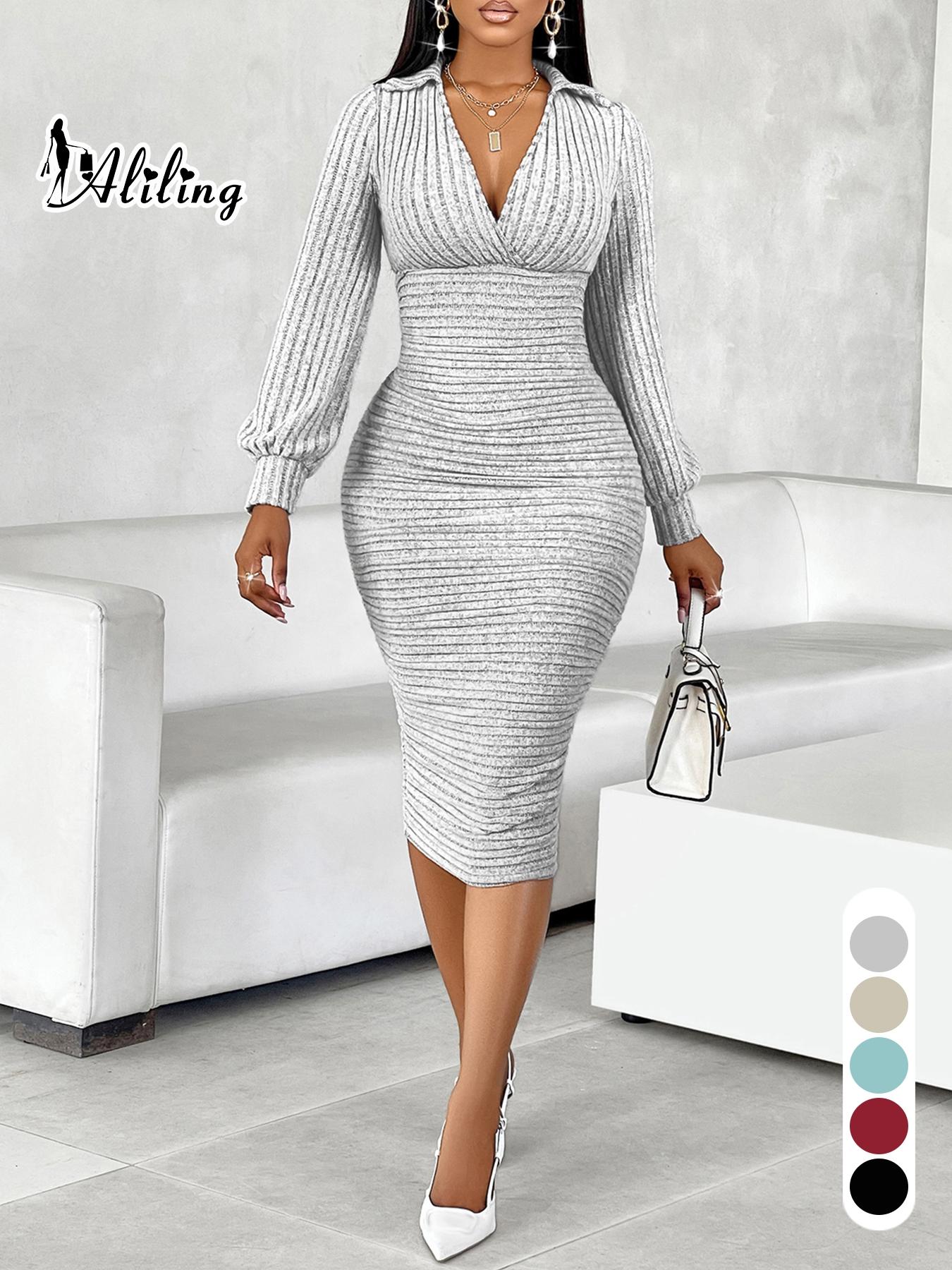 Aliling Elegant Slim-Fitting Long Sleeve Midi Dress with V Neck, Spring & Fall Women's Fashion, Stylish Waist-Tie Knit Dress for Casual Occasions
