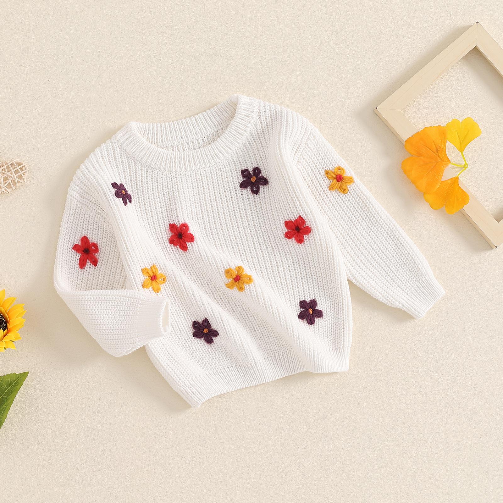 Toddler Baby Girl Knit Sweater Blouse Pullover Sweatshirt Flower Embroidery Warm Long Sleeve Tops 0-5 Years