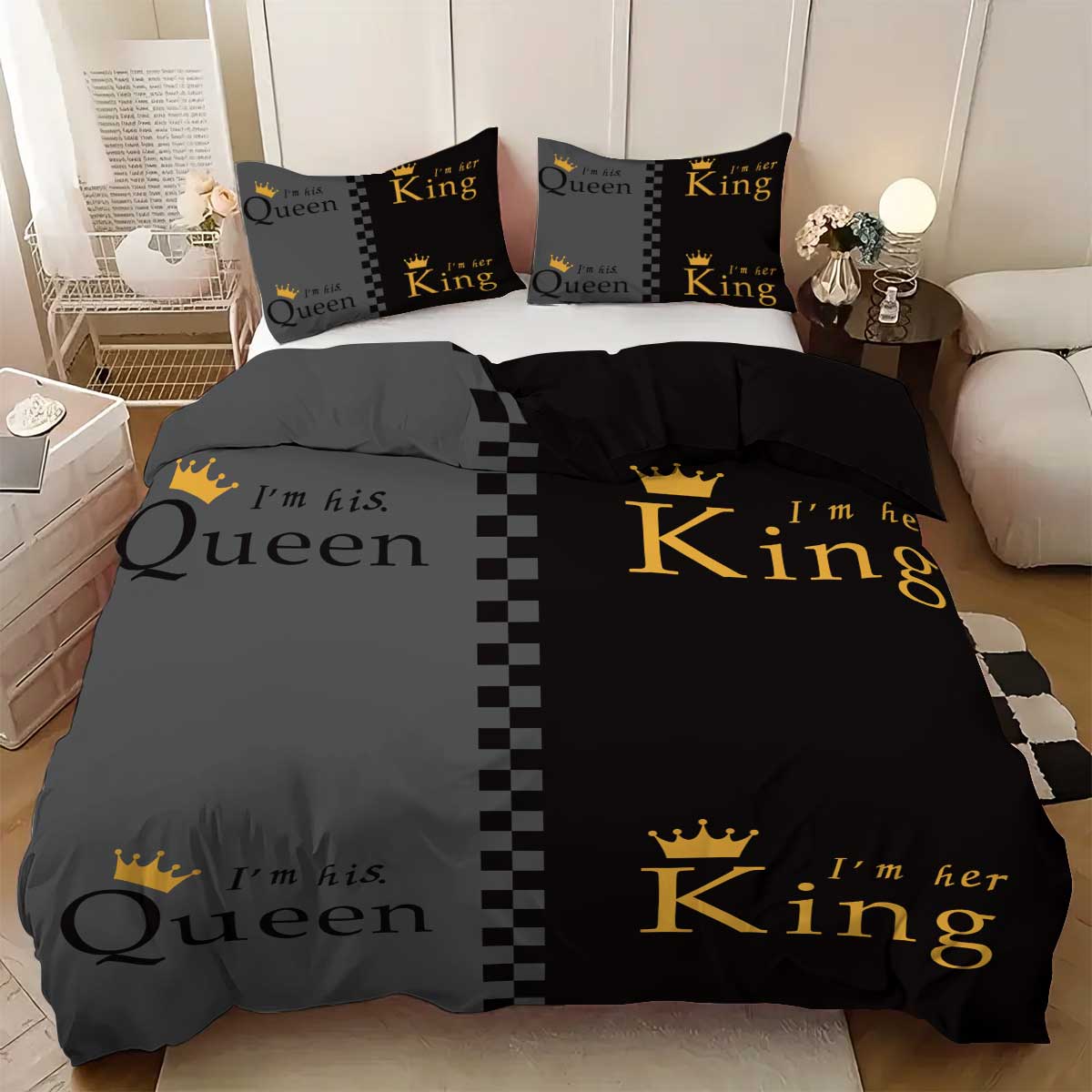 Queen Letter & Crown Pattern Bedding Set, 1 Count Bedspread & 2 Counts Pillowcase without Filler, Soft Comfortable Bedding Set for Bedroom
