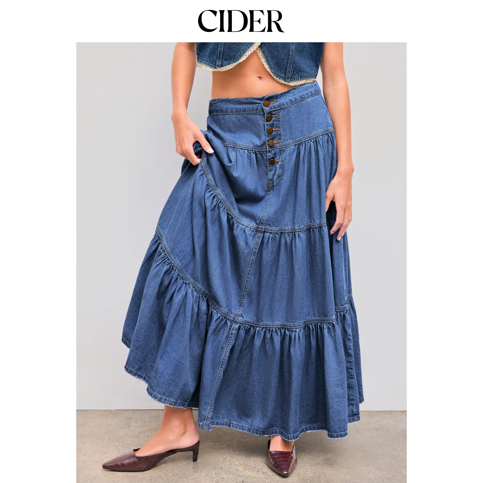 Cider Denim High Rise Solid Tiered Button Pocket Maxi Skirt