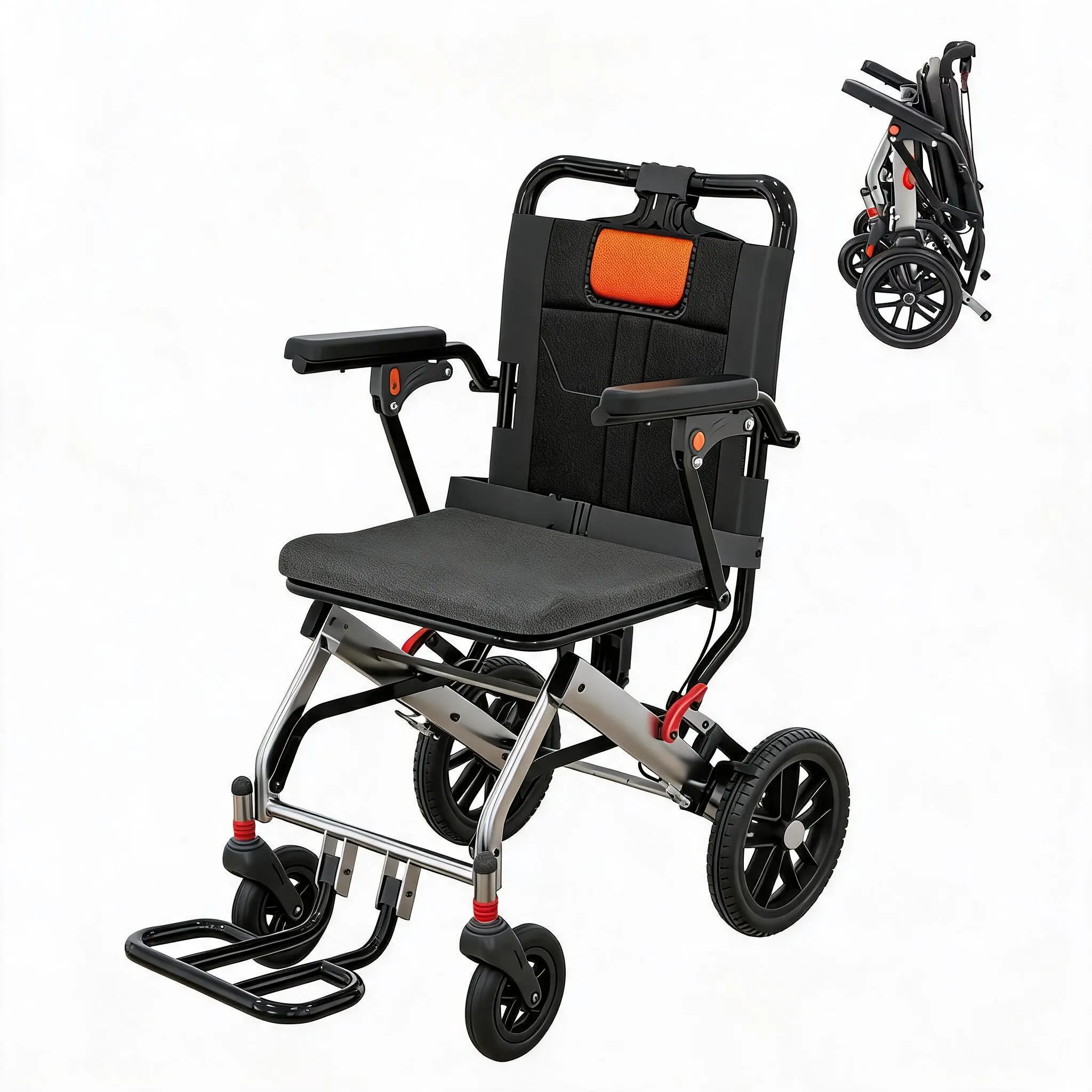 Ultra Lightweight Folding Transport Wheelchair Mobility Aid - 16 in Seat, Aviation Aluminum Frame, Locking Hand Brakes - Flip-Up Armrests, Swing-Away Footrests - 10 in PVC Wheels Transport Chair