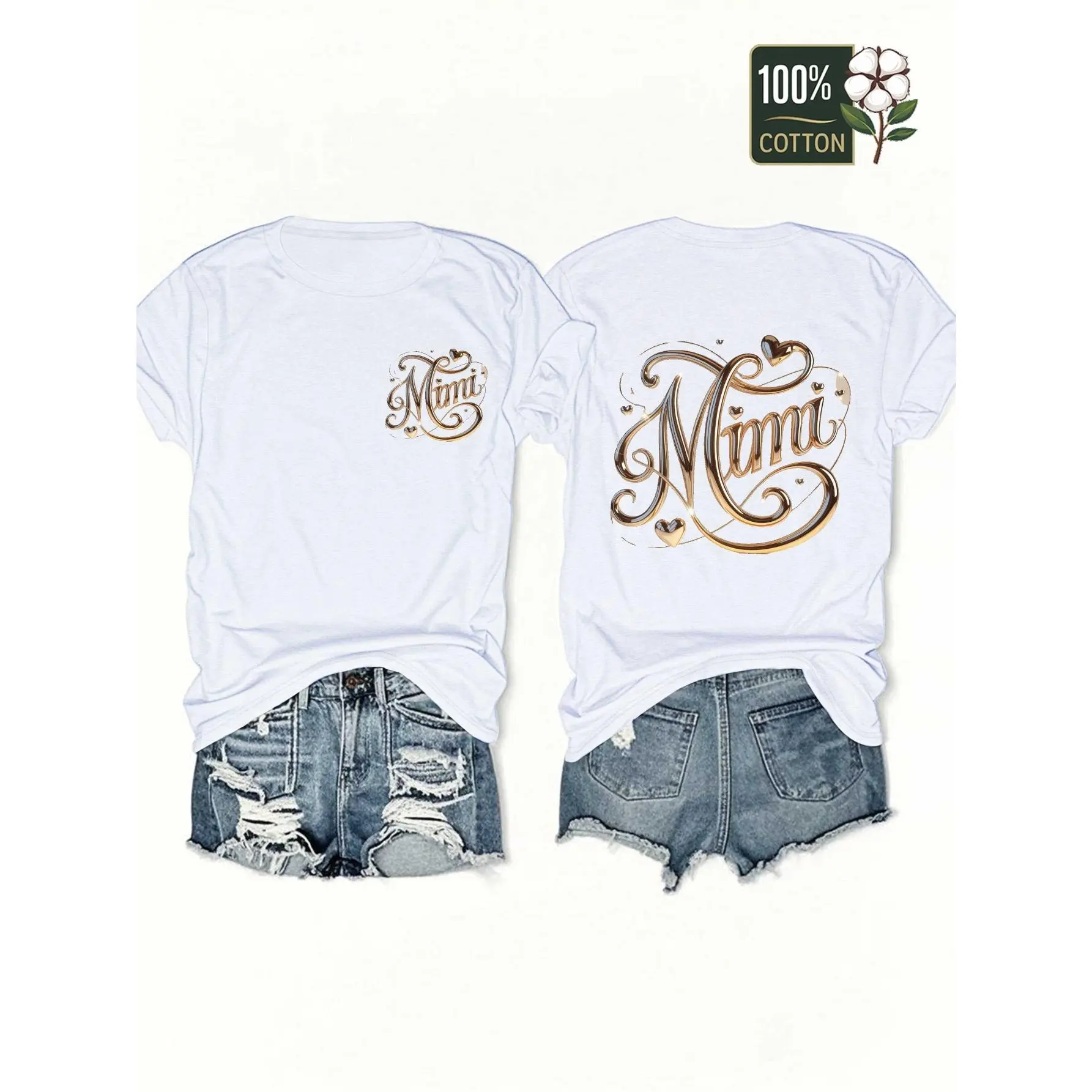 Women's Basic Athletic Solid Color T-Shirt - Mimi Metal & Geometric Print, Soft Round Neck, Double-Sided Shiny Gold Cursive Mimi Heart, Foldable, All Seasons Casual Top, Valentines Day Grandma Gift Tee, Year-Round Wear, Pure Cotton, Birthday, Streetwear,,