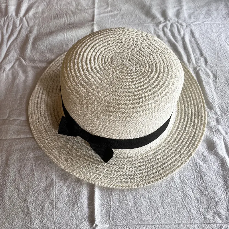 Summer Straw Hat For Women Beach Sun Hat With Bow Wide Brim Straw Caps Flat Top Paper Cap Casual Outdoor Fashion Beach Hat Girls Daily Cap Fashion Gift For Friends
