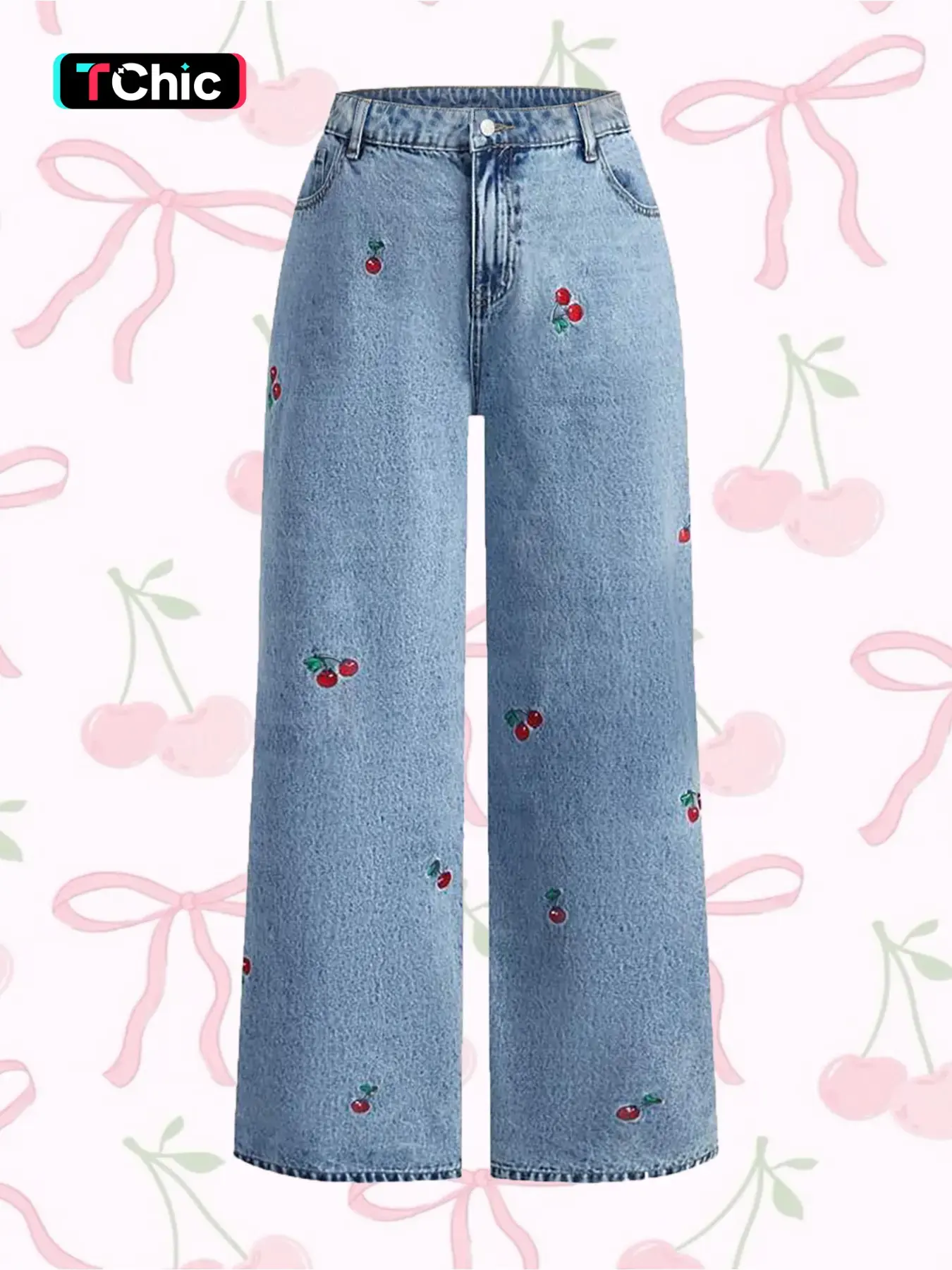 Women's Hand Embroidered Cherry Casual Straight Leg Wide Pants, Embroidery Jeans, Elegant Woven Denim Jeans, All Seasons Fashion, Comfortable Fit Trouser, Cute Fitted, Womenswear