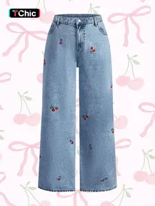 Women's Hand Embroidered Cherry Casual Straight Leg Wide Pants, Elegant Woven Denim Jeans, All Seasons Fashion, Comfortable Fit Trouser, Cute Fitted, Womenswear