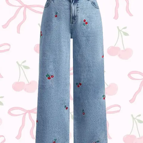 Women's Hand Embroidered Cherry Casual Straight Leg Wide Pants, Embroidery Jeans, Elegant Woven Denim Jeans, All Seasons Fashion, Comfortable Fit Trouser, Cute Fitted, Womenswear