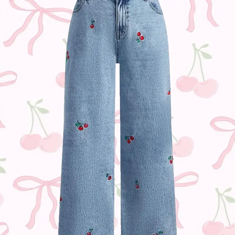 Women's Hand Embroidered Cherry Casual Straight Leg Wide Pants, Embroidery Jeans, Elegant Woven Denim Jeans, All Seasons Fashion, Comfortable Fit Trouser, Cute Fitted, Womenswear