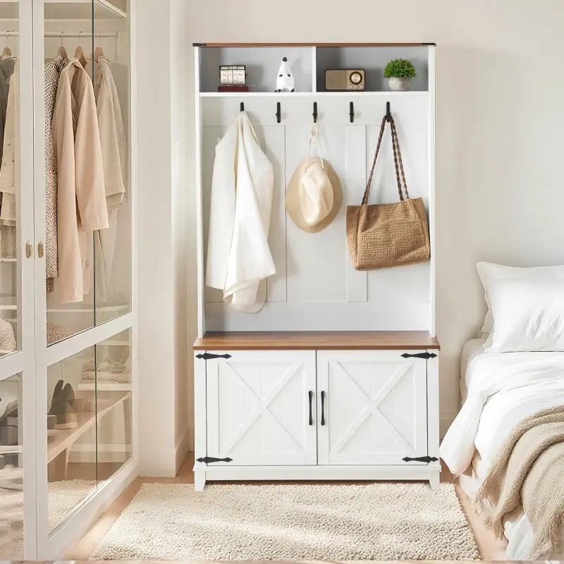 Multi-functional 5-in-1 White Entryway Hall Tree, Coat Rack with Bench, Shoe Cabinet and Hooks, Sturdy Reinforced Metal Feet Mudroom Storage Organizer for Coats, Shoes & Bags
