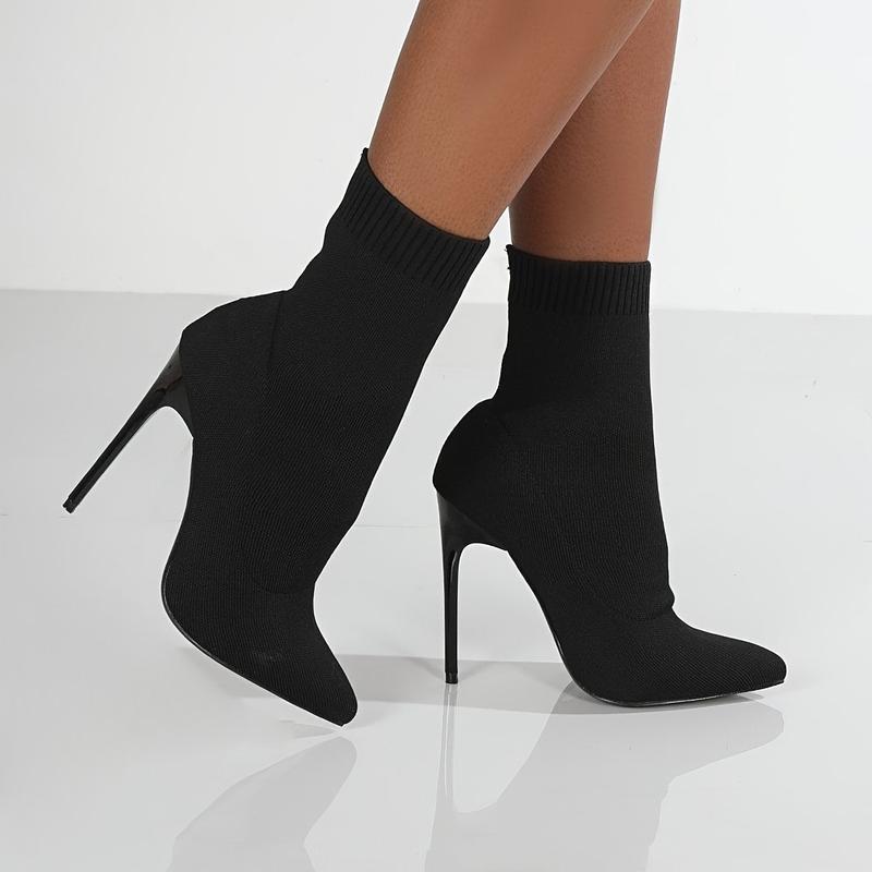 Casual Mid-Calf 1pr Sock Boots - Solid Color Slip-On Pointed Toe Stiletto Heels with Knitted Fabric Upper, Inner & Sole, Flannel Insole - All-Season Stretchy Knit Ankle Booties Open Toe Thick Soled Knitted Sandals Women's Comfortable Footbed Sandals