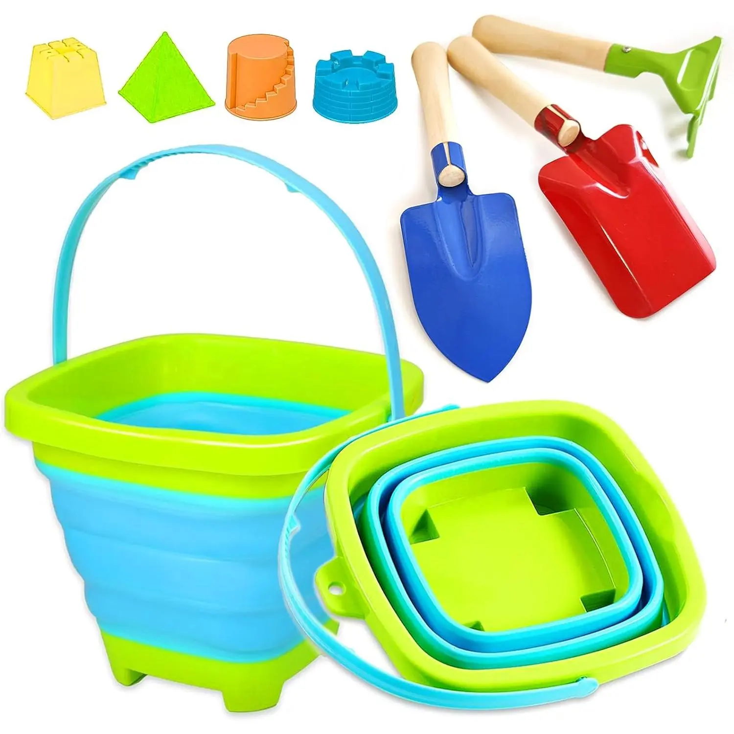 Beach Toys for Kids - Foldable Sand Buckets and Shovels Set with 3 Metal Shovels & 4 Sand Moulds, Portable Beach Buckets for Boys Girls Summer Vacation Beach Party