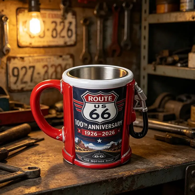 Route 66 Centennial Fuel Pump Mug, 100th Anniversary Edition 1926-2026, Resin Coffee Mug, Retro Gas Pump Cup, Vintage Souvenir Gift