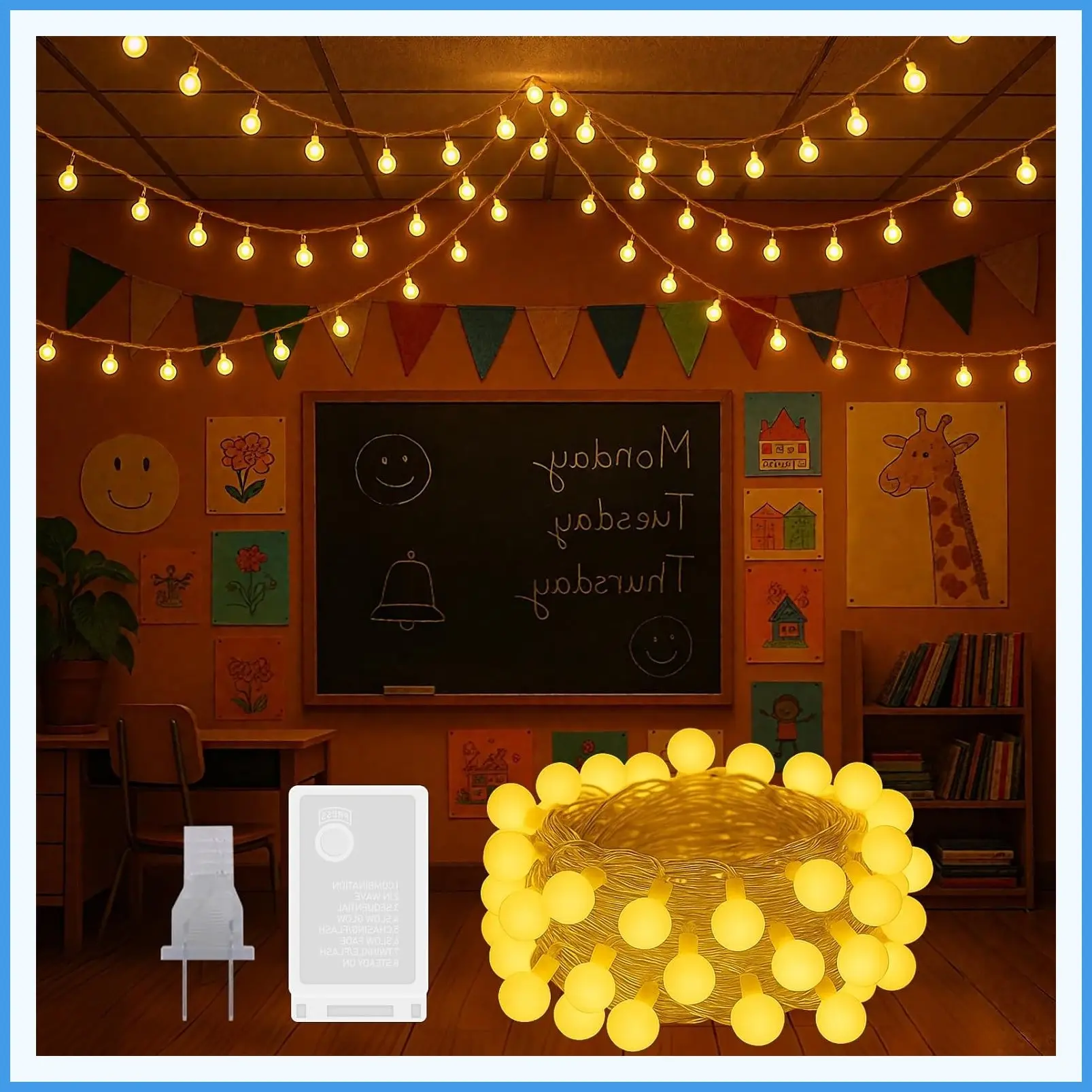100 LED Hanging String Lights for Classroom – 33ft Plug-in Fairy Lights with 8 Modes, Warm White Lights for Classroom Decor, Bulletin Board, Wall Display & School DecorationsGift