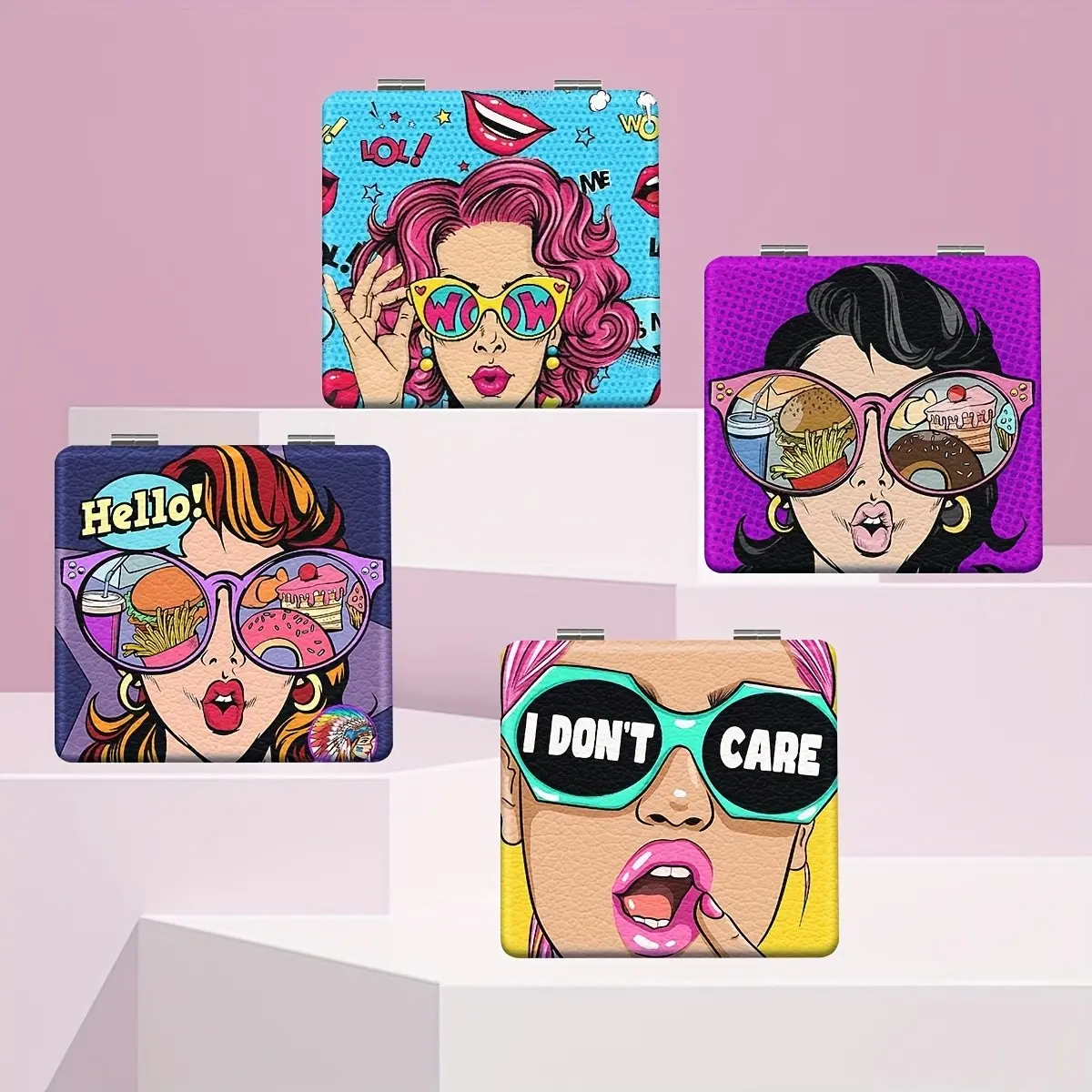 Pop Art Cartoon Woman Portrait Compact Mirror, Double Sided Foldable Pocket Makeup Mirror, Retro Comic Ladies Sunglasses Pattern Portable Travel Cosmetic Mirror, Gift for Girls Women