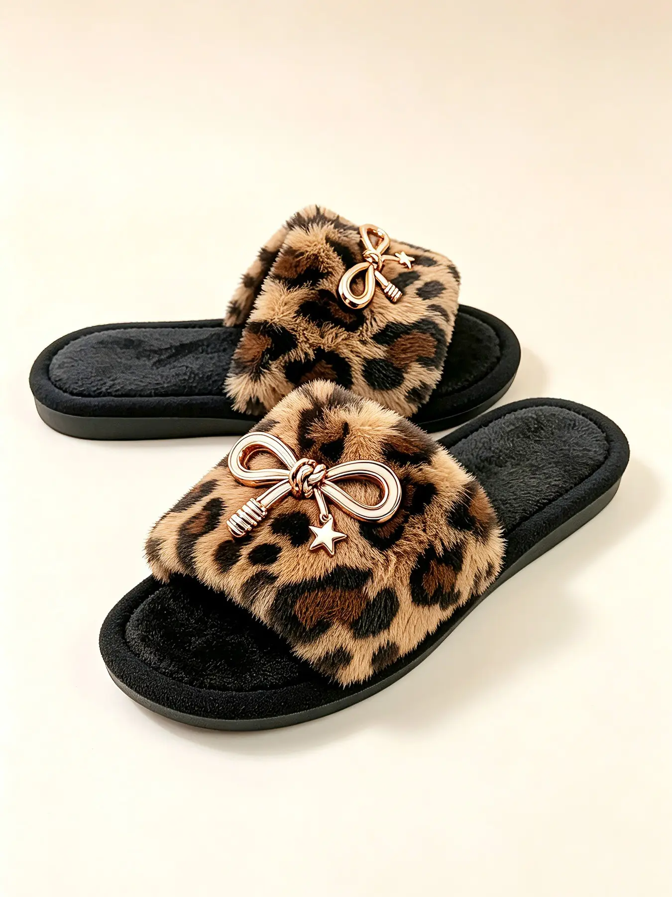 Leopard Print Long Hair Slippers, Retro Y2K Style, Bow Star Accessories, Soft Thick Fur Lining, Flat Sole, Ideal for Home & Casual Wear