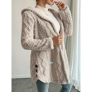 VVZ Women's Fall Winter Warm Fashion Jacquard Hooded Cardigan Long Sleeve Coat Womenswear Stylish Outerwear for Casual Daily Wear & School Activities