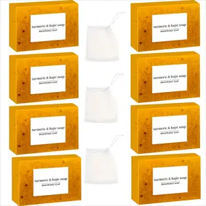 8PCS Turmeric Lemon Soap Handmade Soap with three foam nets, rich and dense foam for face and hands, rich in lemon and turmeric extract granules, Father's Day gifts, Mother's Day gifts
