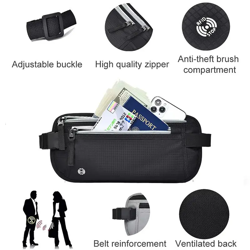 Nylon Rfid Protection Anti-Theft Travel Waist Bag, Large Capacity Phone Wallet ID Holder, Summer Ready Lightweight Unisex Design, Sports Bags