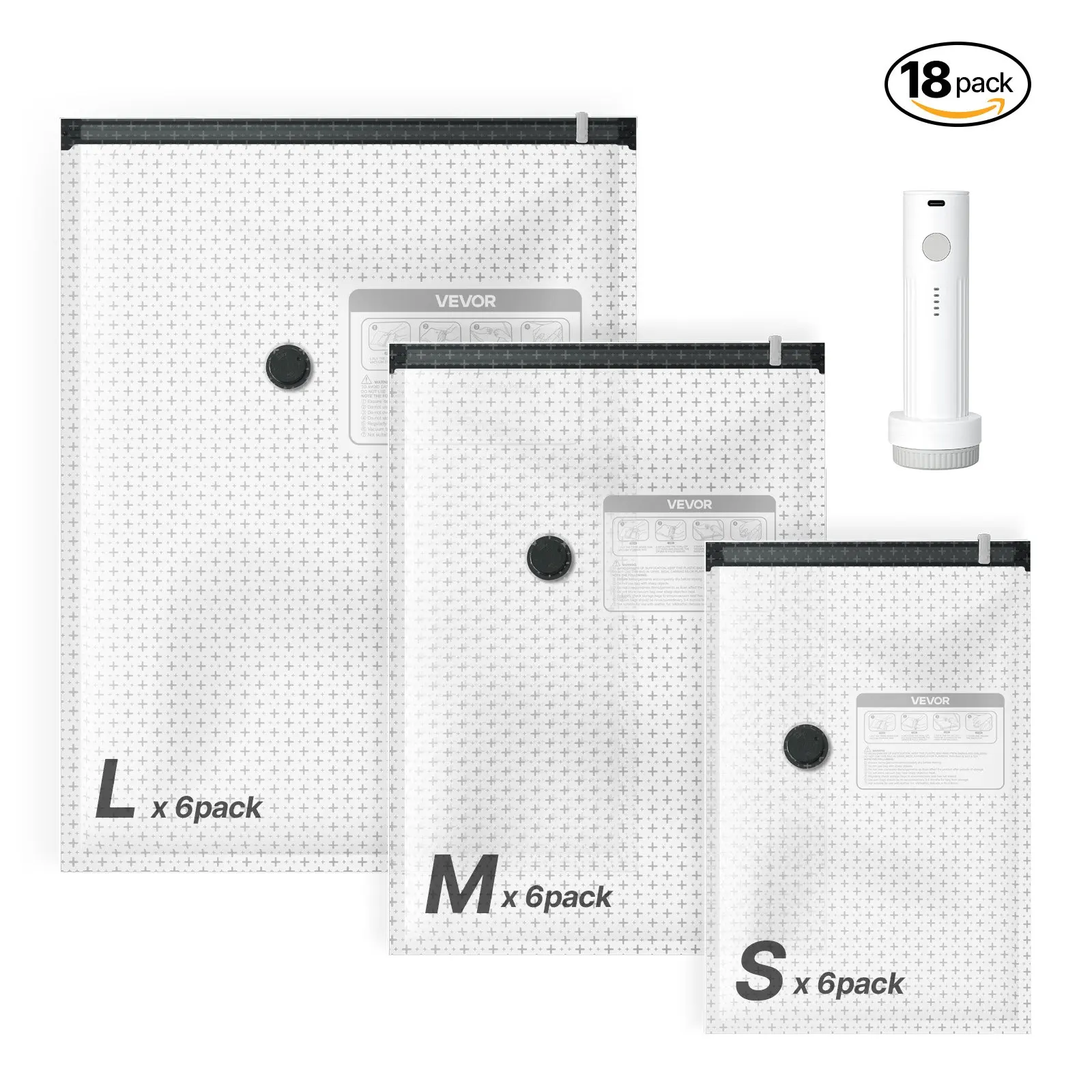 【DealsForYouDays】VEVOR Vacuum Storage Bags, 18 Pack Space Saver Vacuum Seal Bags for Clothing, with Pump and Charging Cable, Double Zipper Seal, Thickened PA and PE, Compression for Clothes Storage, Travel Luggage