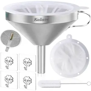Premium Stainless Steel Funnel, 5 Inch Food Grade Kitchen Funnels with 200 Mesh Food Filter Strainer for Filling Bottles, Oils, Juice, Wine, Coffee, Milk