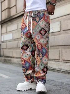 Ethnic Style Embroidered Wide Leg Pants, Vintage Geometric Print, Drawstring Waist, Streetwear Vibe, Unisex Casual Fashion