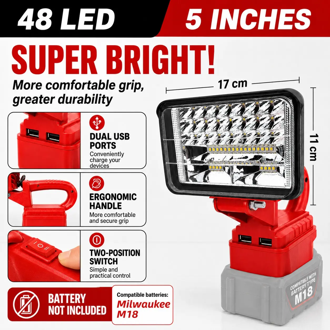 Wireless LED Work Light for Milwaukee 18v Battery, 15w 1600lm Wide Beam, Dual USB Charging Ports, Ideal for Emergency, Workshop, Garage
