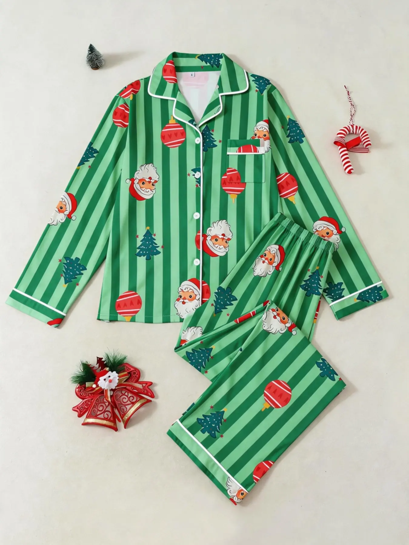 Women's Christmas Pajama Set, Striped Santa Print Long Sleeve Sleepwear, Cozy Holiday Home, Two-Piece Comfortable Lounge Wear, Loungewear