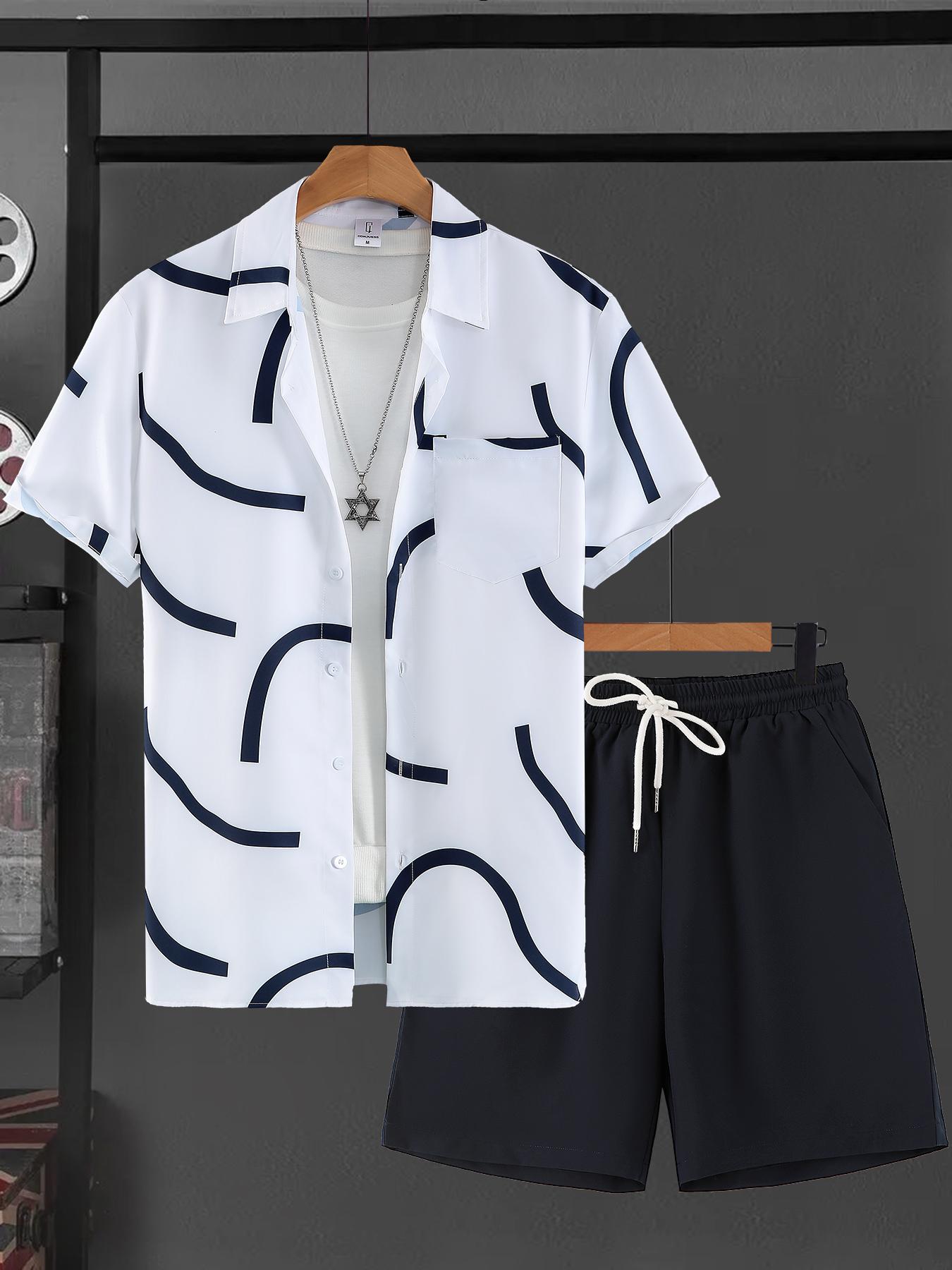 Men's Geometric Print Shirt & Shorts Two-piece Set, Regular Fit Casual Short Sleeve Collared Top & Shorts, Men's Summer Clothes for Beach Vacation