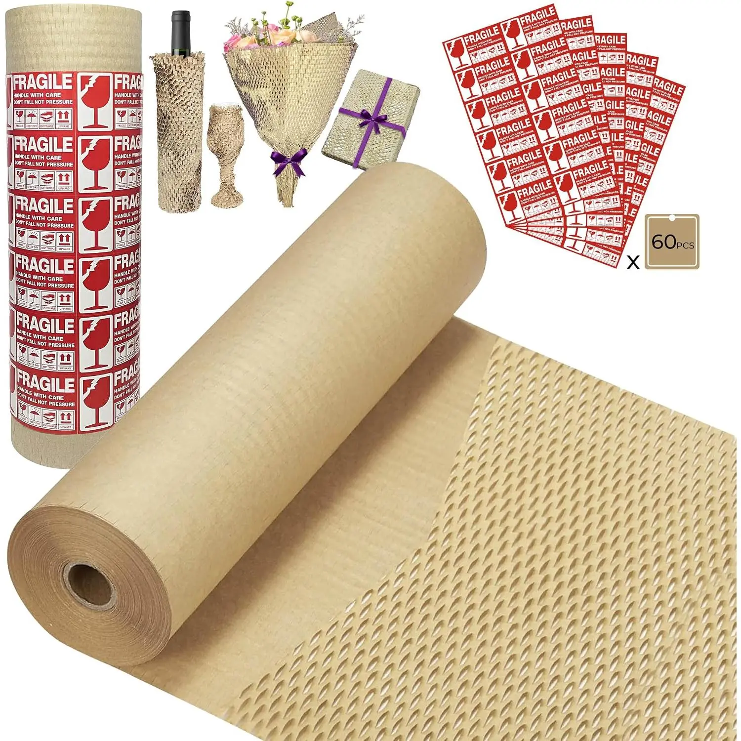 Honeycomb Packing Paper Wrap Roll (15in x 250ft) – Recycled Paper Moving Supplies, Bubble Substitute for Furniture Shipping, Includes 60 Fragile Sticker Labels, Includes Stickers