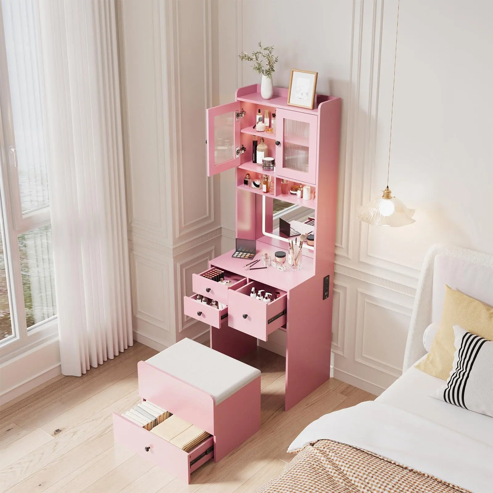 GARVEE 3-in-1 Adjustable Makeup Vanity Desk with Lighted Mirror, Drawers, Storage Compartment & Rolling Stool, Modern Small Storage Furniture for Bedroom, Powder Room, Perfect Gift for Valentine's Day & Mother's Day