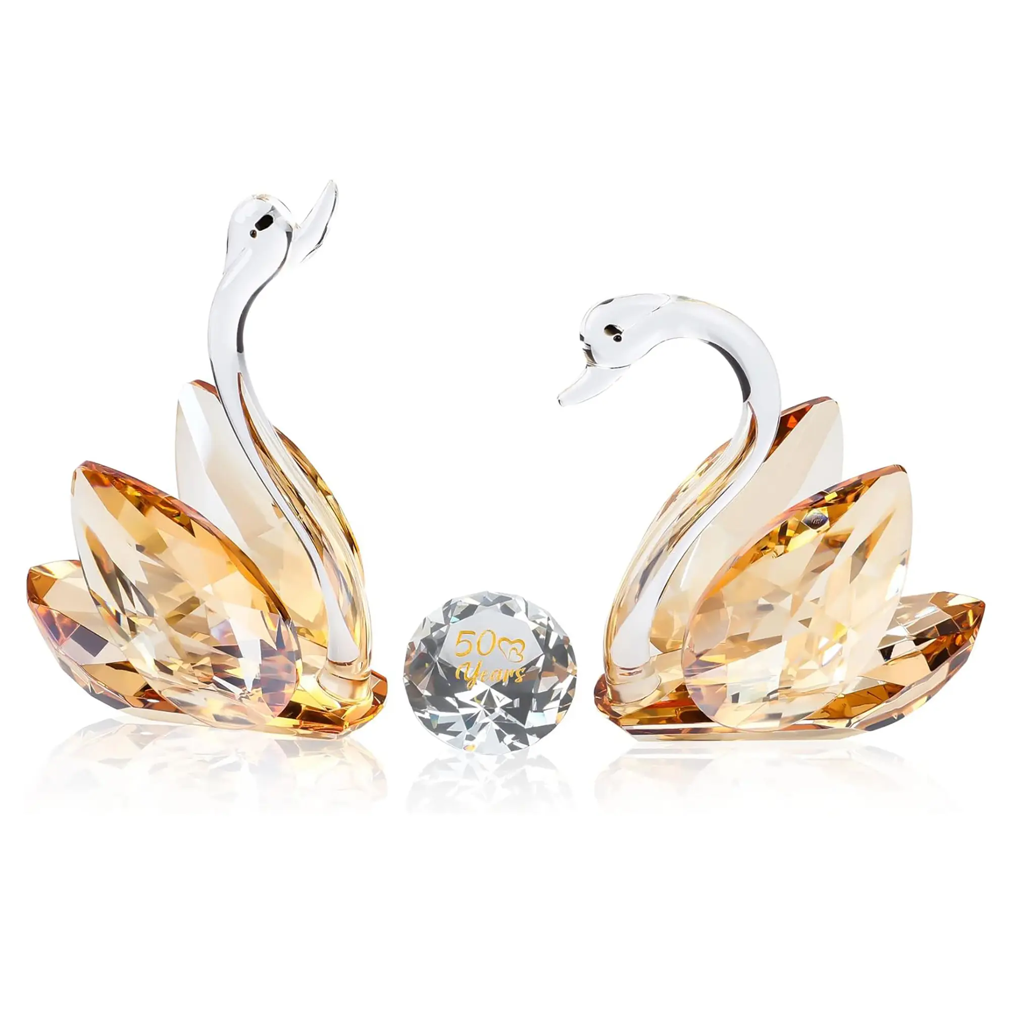 Crystal Swan Figurine Set with Heart – 2-Piece Amber Glass Swan Decor with Diamond Ornament, Elegant Gift Box, Anniversary & Birthday Gift for Her, Parents & Couples