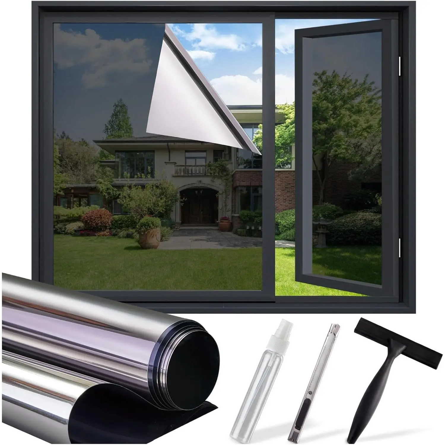 Window Tint for Home, One Way Privacy & Heat Blocking, 17.5"x118.1" |   UV Protection, Static Cling No Glue, Renter Friendly Film for Bedroom, Office & Sliding Glass Door, with 3 Tools, Black