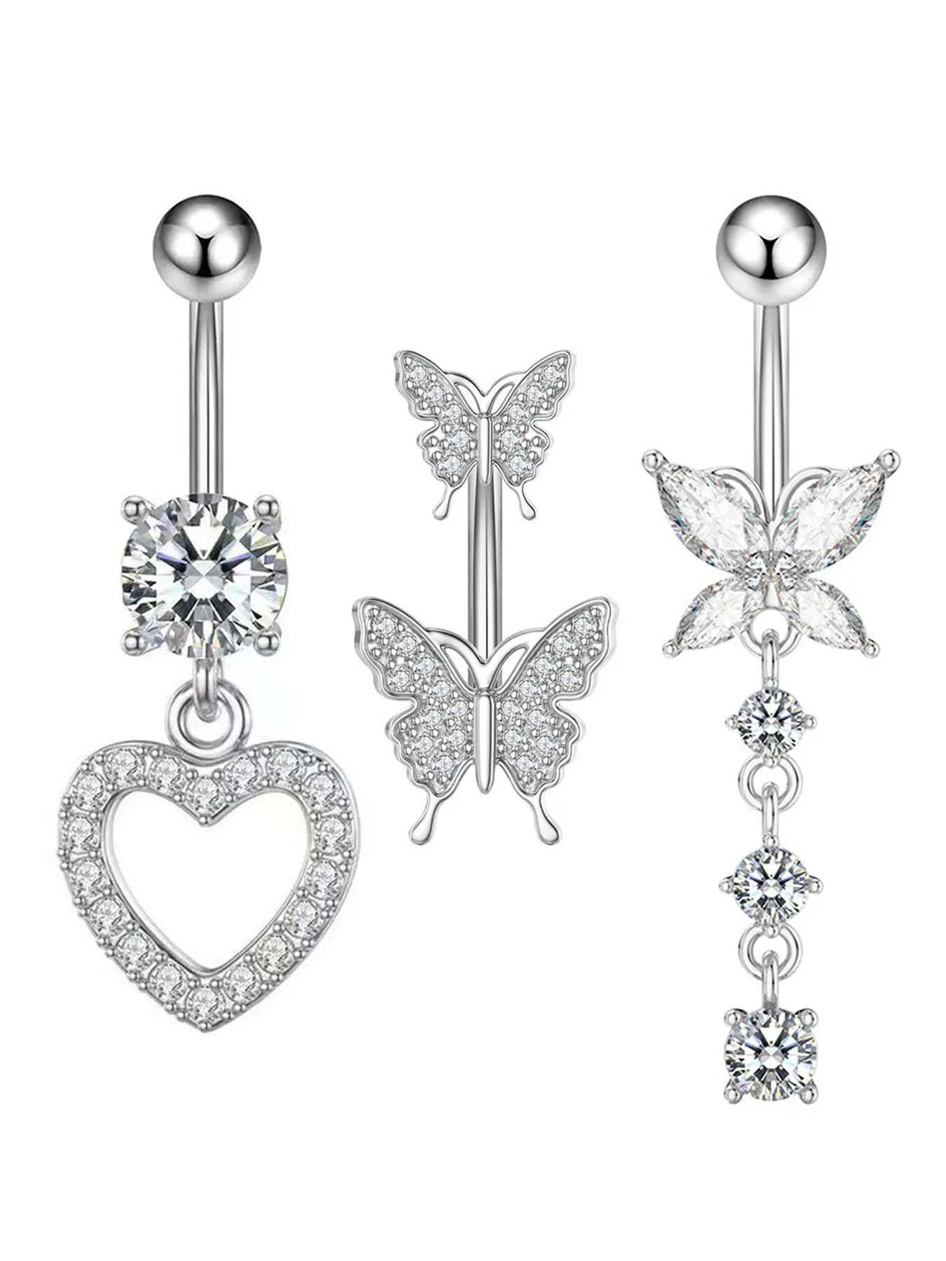 3Pcs Long Dangle Belly Button Rings Set, Stainless Steel Hollow Heart Butterfly Inlaid Sparkly Zircon Navel Rings, Aes