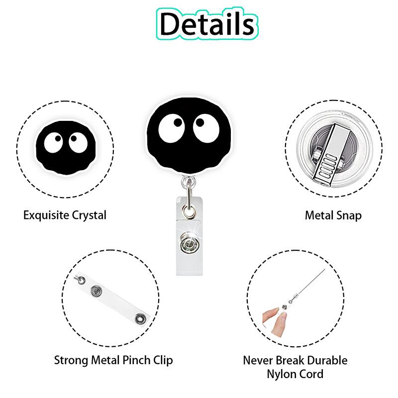 3 Retractable ID Name Badge Clips with Rotating Alligator Clip (with Keychain), Nurse Badge Reel, ID Name Badge Clip Accessories with Black Coal Ball Funny Expression