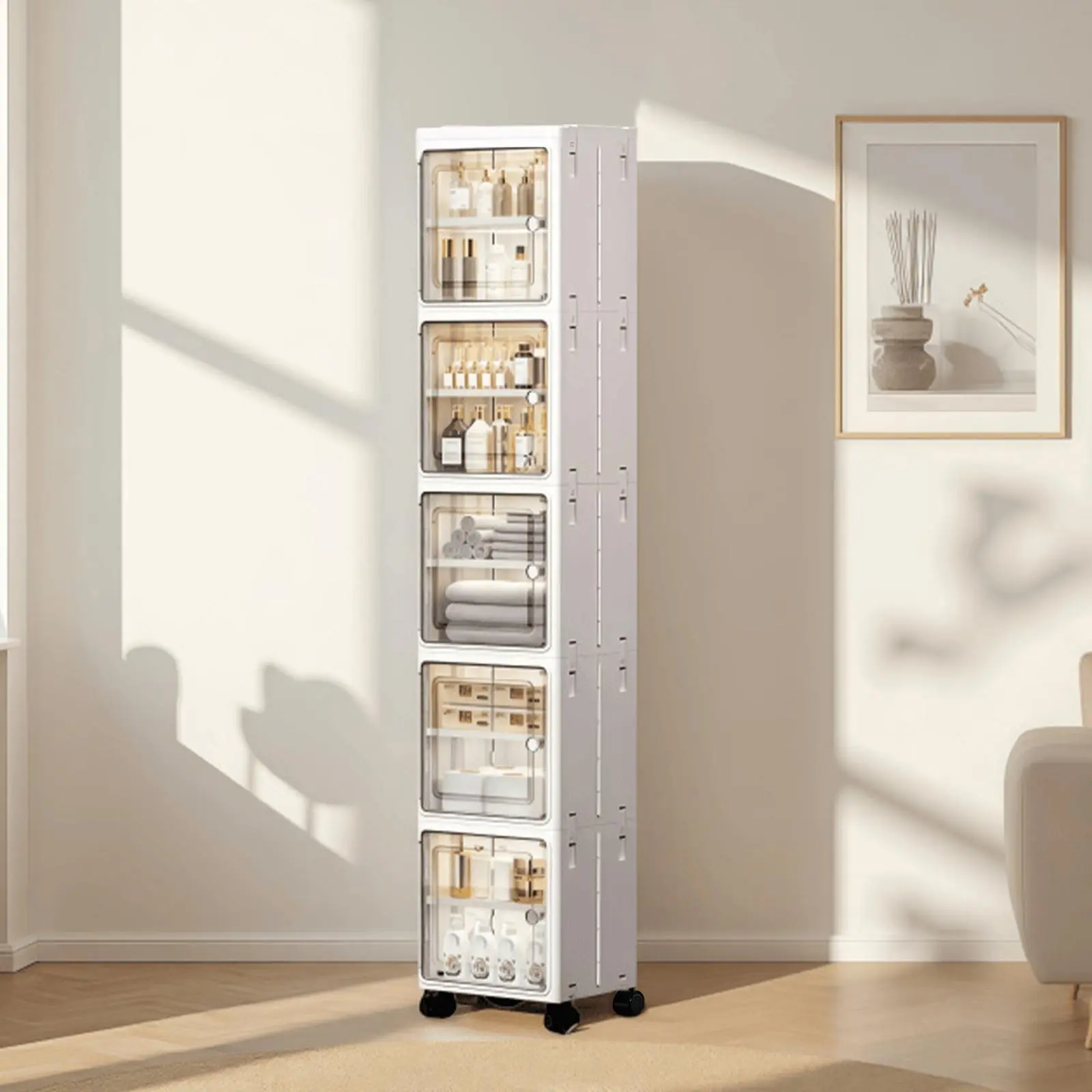 Tall Narrow Slim Storage Cabinet with Magnetic Transparent Doors, Plastic Gap Storage Organizer with Lockable Wheels & Adjustable Shelves, Foldable Kitchen Bathroom Pantry Cabinet for Small Narrow Space, Laundry Room Home Organization
