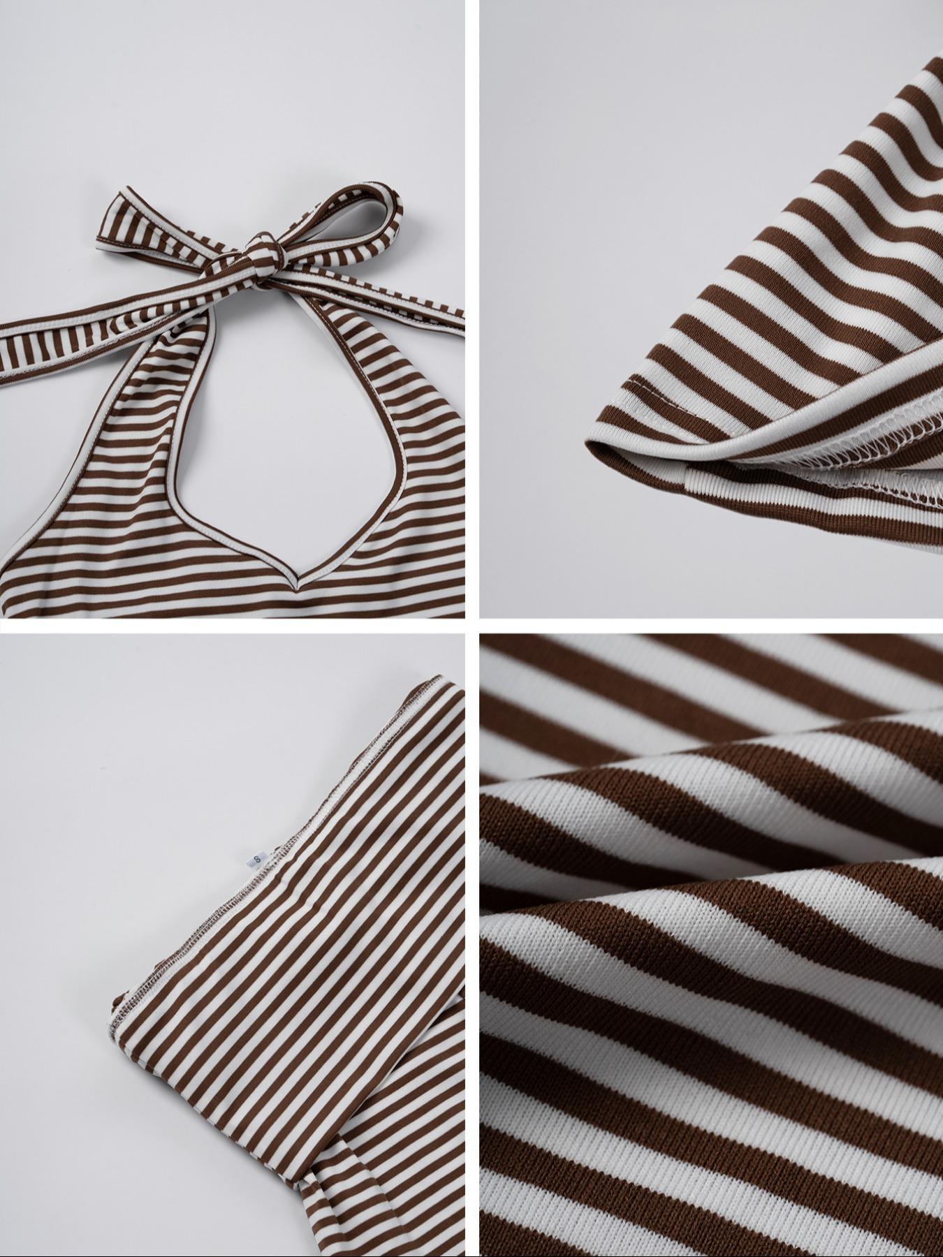 Women's Casual Striped Halter Neck Crop Top & Shorts Set, Summer Fitted Two-Piece, Regular Length, Moderate Fabric Thickness, Womenswear Women's Casual Striped Halter Neck Crop Top & Shorts Set, Summer Fitted Two-Piece, Regular Length, Moderate Fabric Thickness, Womenswear