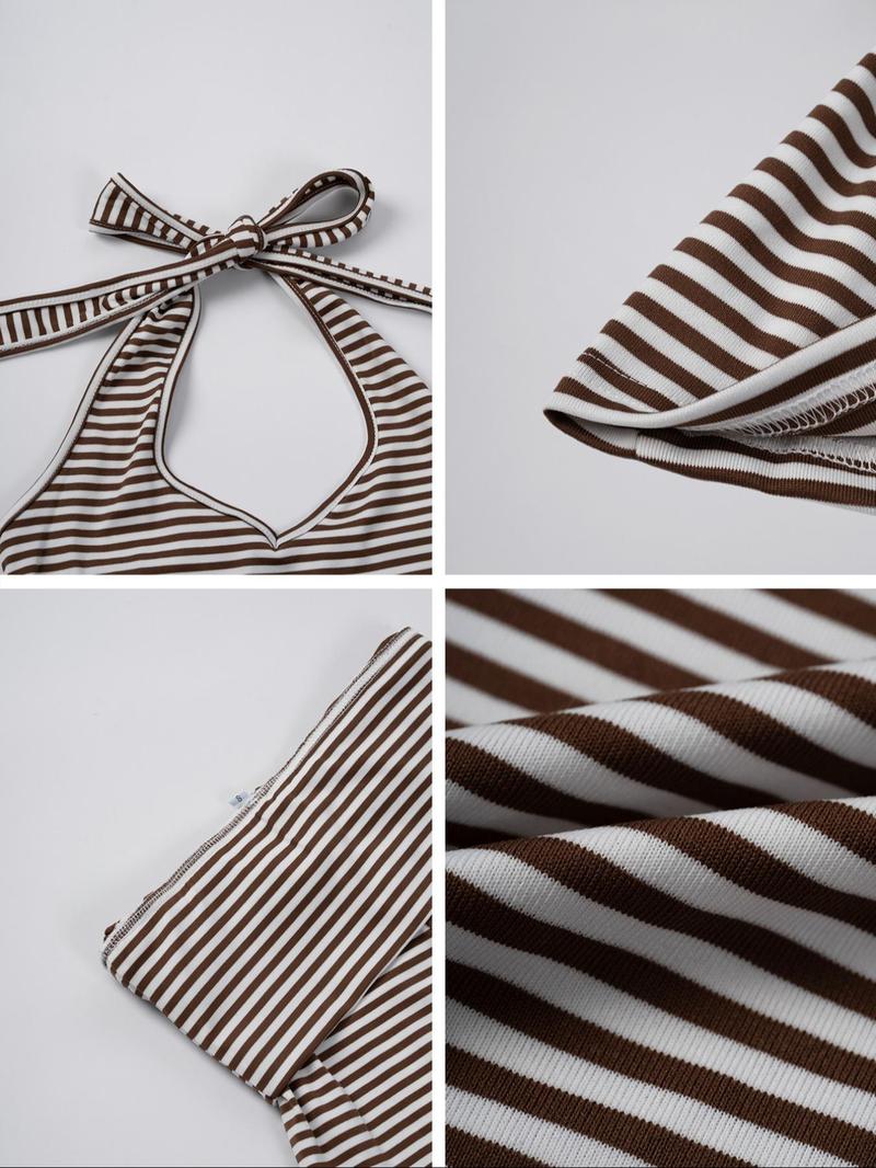 Women's Casual Striped Halter Neck Crop Top & Shorts Set, Summer Fitted Two-Piece, Stretchy Outfit Sets, Regular Length, Moderate Fabric Thickness