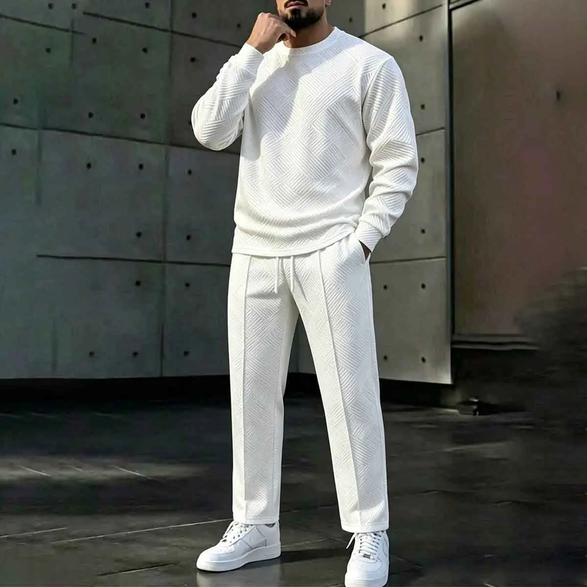 Men's white jacquard 2-piece sportswear, round neck long sleeved sweatshirt+elastic drawstring straight leg textured pants, soft and breathable daily street sportswear, minimalist, fashionable and comfortable men's weekend travel daily wear