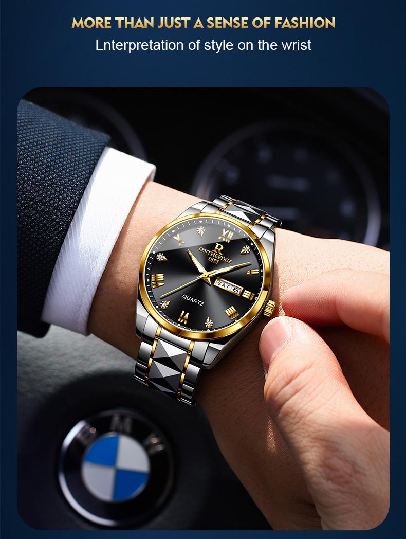 Men's Luxury Gold Tone Quartz Watch - Stainless Steel Wristwatch with Day & Date Calendar, Crystal Diamond Accents, Roman Numerals, Elegant Business Dress Watch, Perfect Gift for Husband Dad