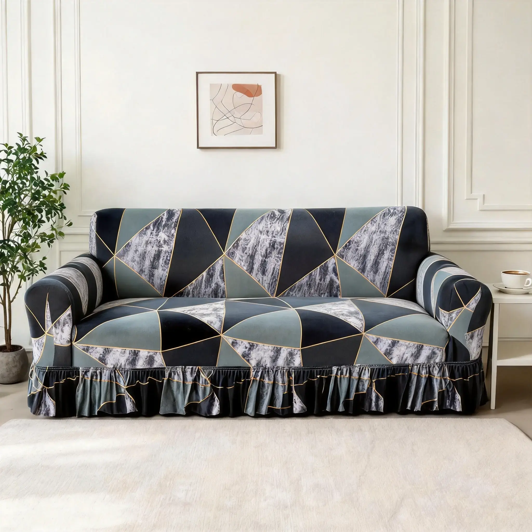 Geometric Pattern Stretch, Washable Sofa Slipcover, 1 Count Soft Comfortable with Tie Rope, Dustproof Sofa Protector for Home Living Room, Soft Couch Protector, Stretch Couch Covers, Stretchable Sofa Cover