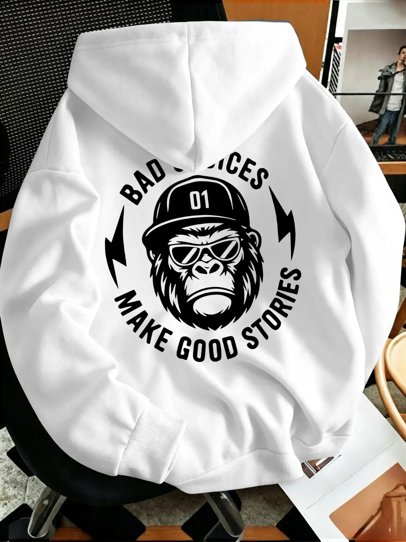 Men's Street Style Gorilla Graphic Hoodie, 'bad Choices Make Good Stories' Print, Casual Drawstring Hooded Sweatshirt, Urban & Hip Hop Fashion