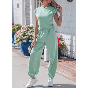 2-Piece Moonlight Jade Solid Color Cotton Tank Top & Jogger Pants Set - Cropped, Elastic Waist, Comfortable Womenswear Outfit  pretty girl set